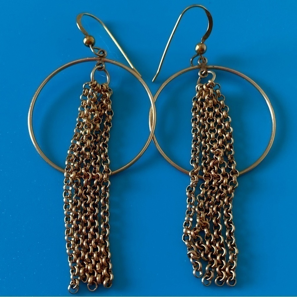 Artisan 14k yellow gold hoops bohemian boho earrings with chain tassel NEW